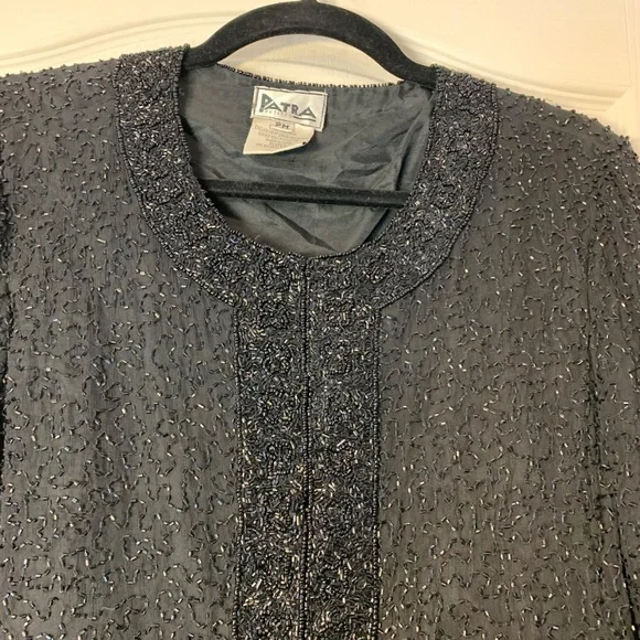 Vintage Patra Petite Black Beaded Silk Evening Jacket Cropped Size PM 80s 90s - Picture 7 of 16
